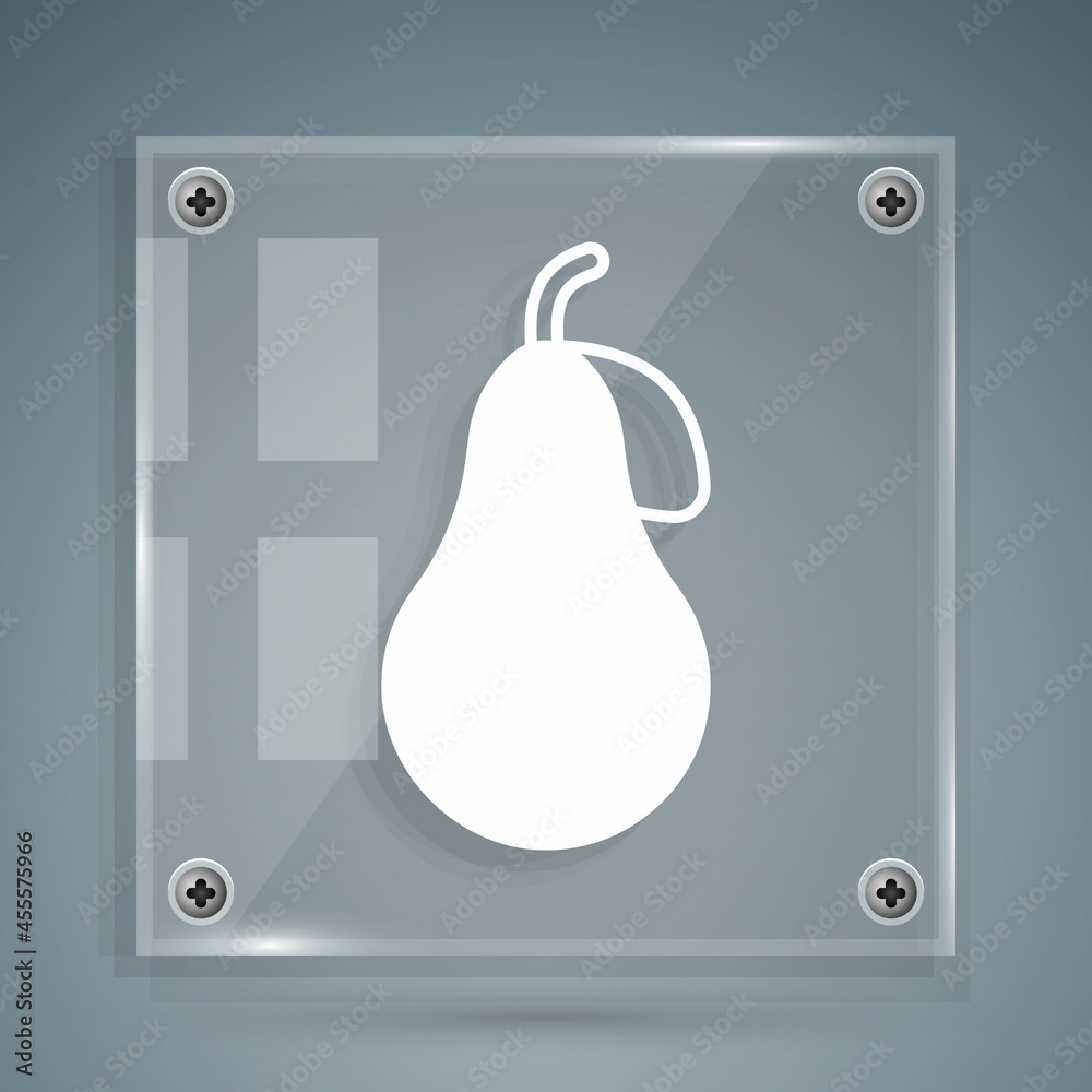 White Pear icon isolated on grey background. Fruit with leaf symbol. Square glass panels. Vector