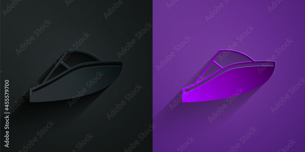 Paper cut Speedboat icon isolated on black on purple background. Paper art style. Vector