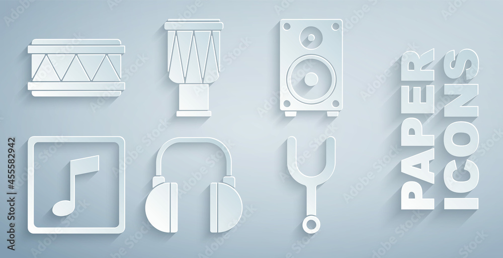 设置耳机、立体声扬声器、音符、音调、音乐音叉、鼓和图标。矢量