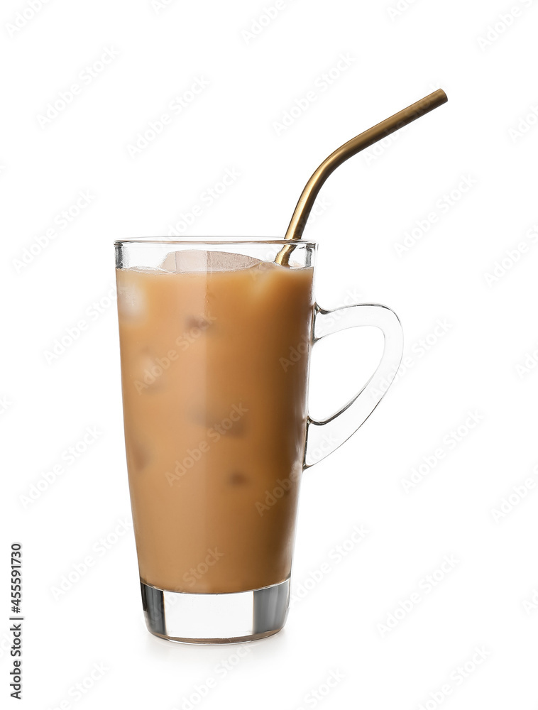 Glass of iced coffee with milk on white background