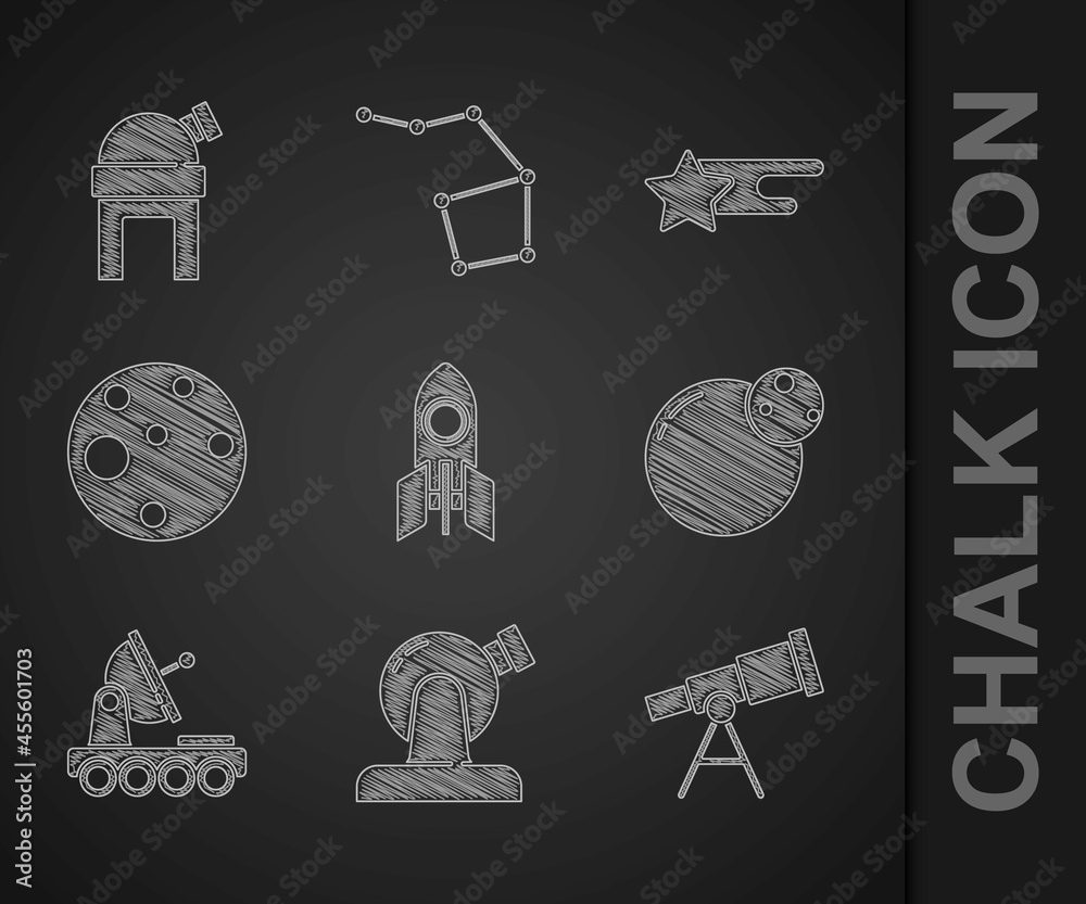 Set Rocket ship, Astronomical observatory, Telescope, Planet, Mars rover, Falling star and icon. Vec