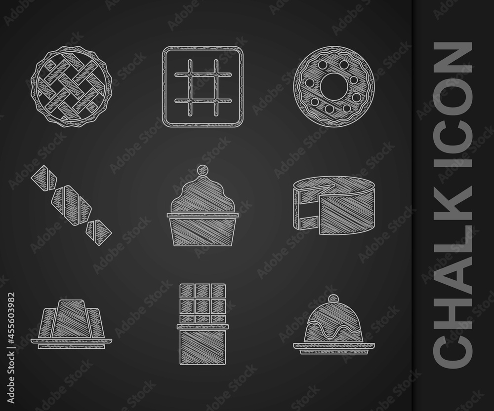 套装蛋糕、巧克力棒、果冻蛋糕、糖果、甜甜圈和自制馅饼图标。矢量
