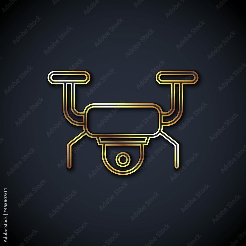 金线无人机飞行图标隔离在黑色背景上。带视频和照片相机的四旋翼机