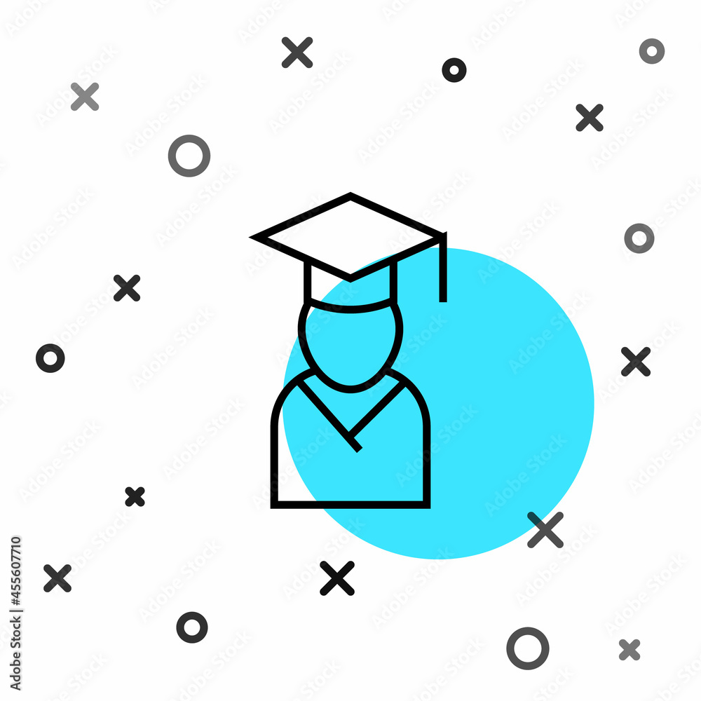 Black line Graduate and graduation cap icon isolated on white background. Random dynamic shapes. Vec