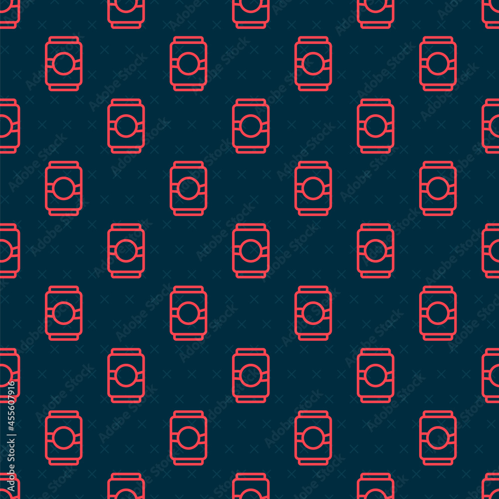 Red line Beer can icon isolated seamless pattern on black background. Vector