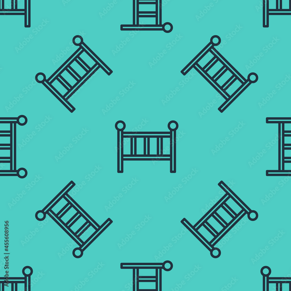 Black line Baby crib cradle bed icon isolated seamless pattern on green background. Vector