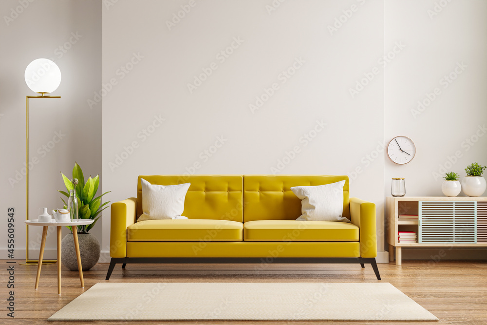 Yellow sofa and wooden table in living room interior with plant,white wall.