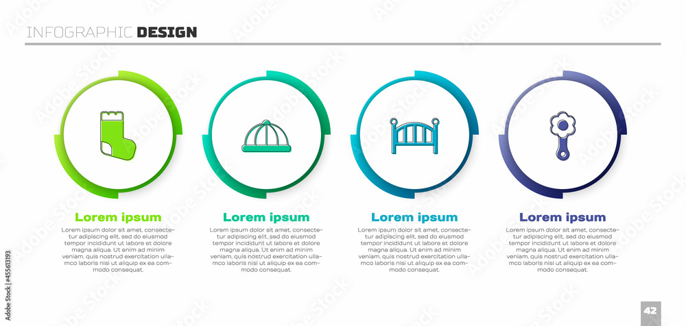 套装婴儿袜、帽子、婴儿床摇篮床和Rattle婴儿玩具。商业信息图模板。矢量
