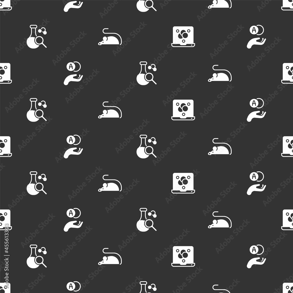 Set Chemical formula, Atom, Test tube and Experimental mouse on seamless pattern. Vector