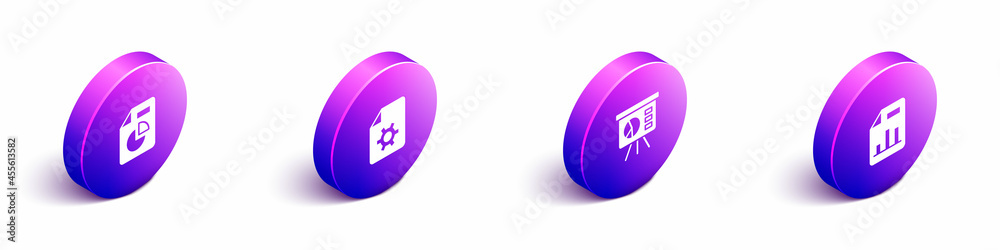 Set Isometric Document with graph chart, settings, Board and icon. Vector