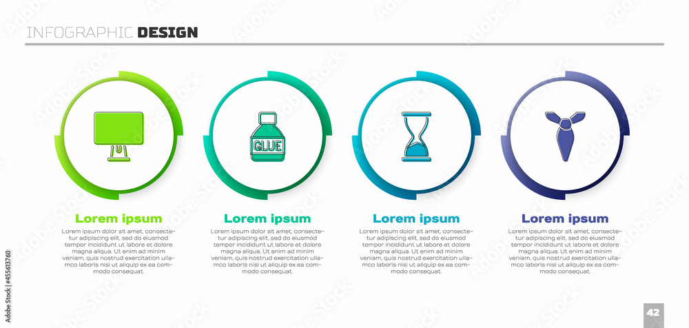 Set Computer monitor, Glue, Old hourglass and Tie. Business infographic template. Vector