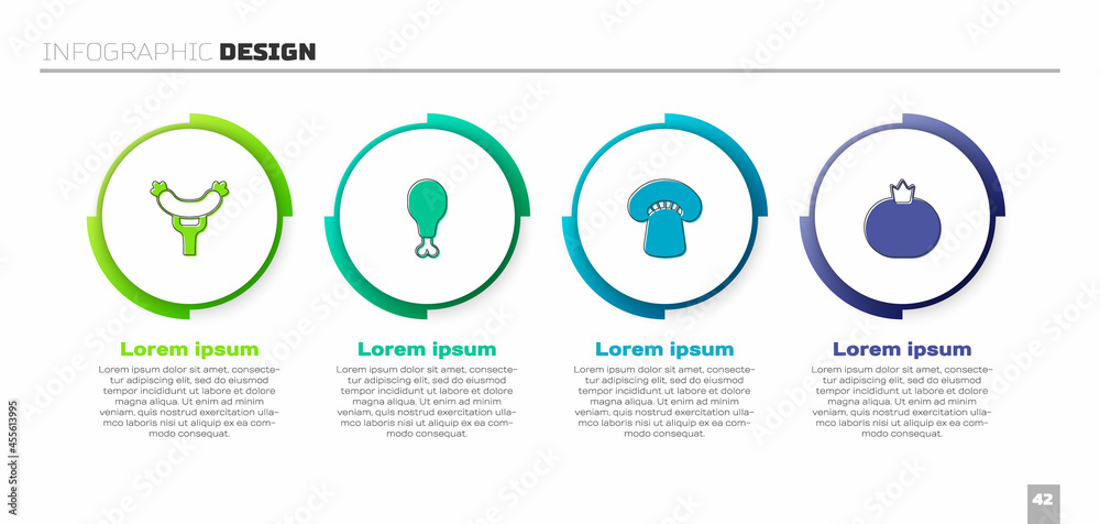 将香肠、鸡腿、蘑菇和番茄放在叉子上。商业信息图模板。Vector
