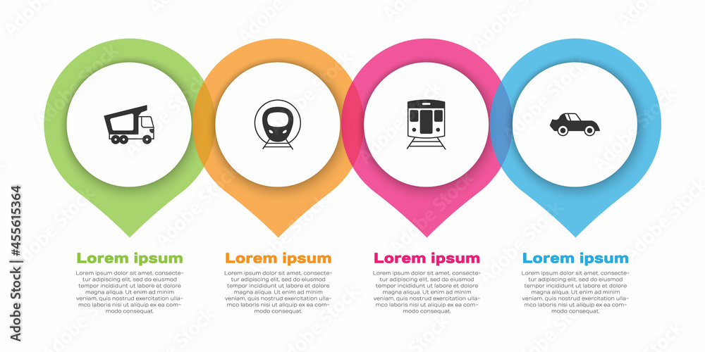 设置送货卡车、火车和铁路以及汽车。商业信息图模板。Vector