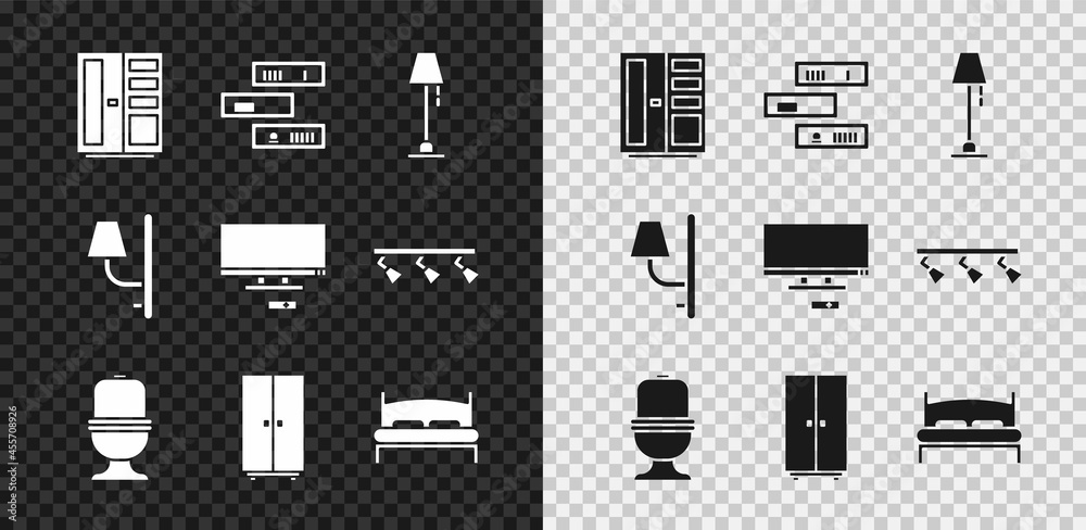 套装衣柜、书架、落地灯、抽水马桶、大床、壁灯和智能电视图标。Vec