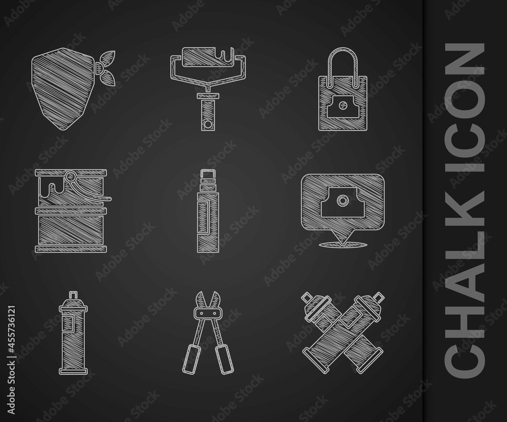 Set Marker pen, Bolt cutter, Paint spray can, Spray nozzle cap, bucket, and Vandal icon. Vector