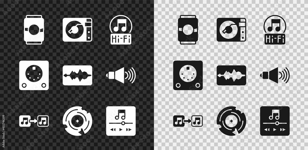 套装啤酒罐、带黑胶唱片的黑胶播放器、音乐音符、音调、鼓机和均衡器图标。