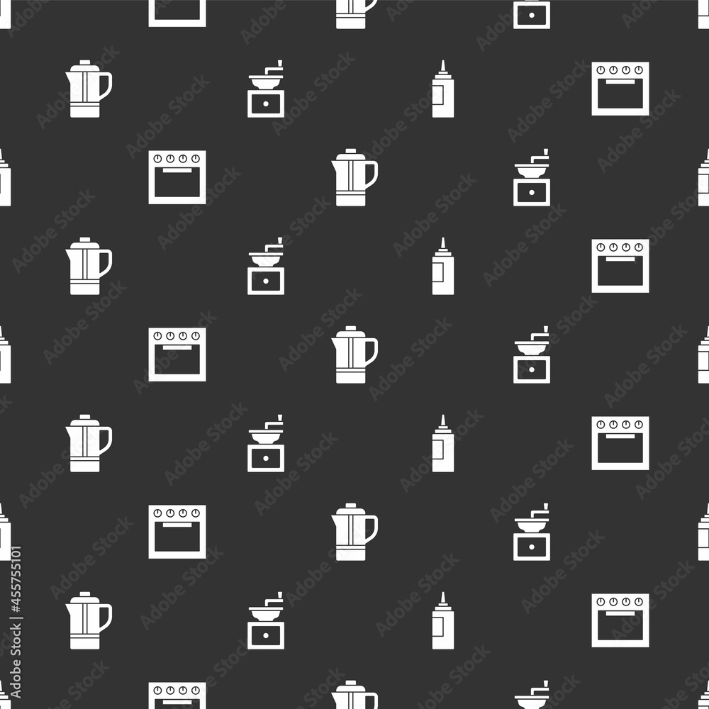 Set Sauce bottle, Oven, Teapot and Manual coffee grinder on seamless pattern. Vector