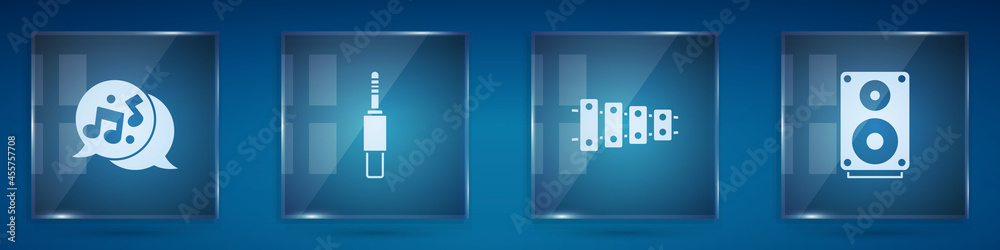 设置音乐音符、音调、音频插孔、木琴和立体声扬声器。方形玻璃面板。矢量