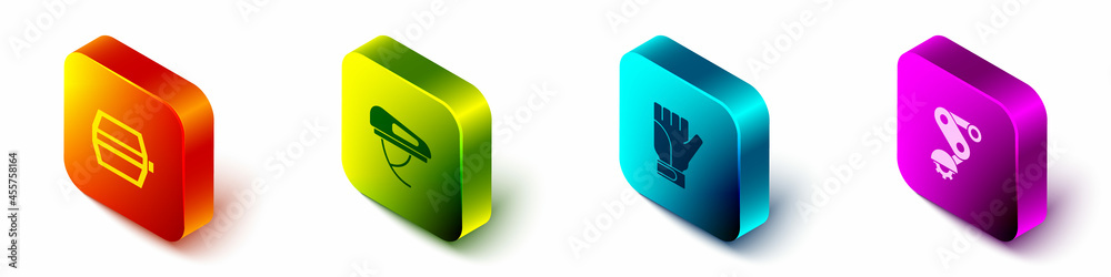 Set Isometric Bicycle pedal, helmet, Gloves and Derailleur bicycle rear icon. Vector