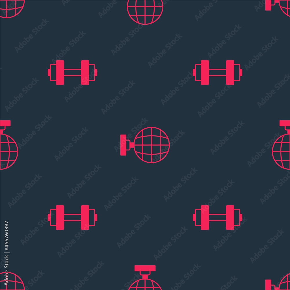 Set Dumbbell and Disco ball on seamless pattern. Vector