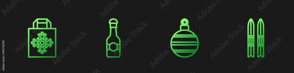 定线圣诞球、购物袋、香槟瓶、滑雪棒。渐变色图标。Ve