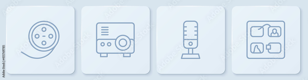 设置线胶卷、麦克风、媒体投影仪和故事板。白色方形按钮。矢量