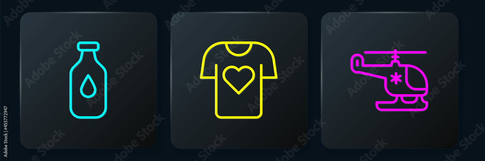 Set line Bottle of water, Rescue helicopter and Clothes donation. Black square button. Vector