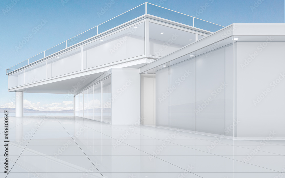 White architecture with outdoor view, 3d rendering.