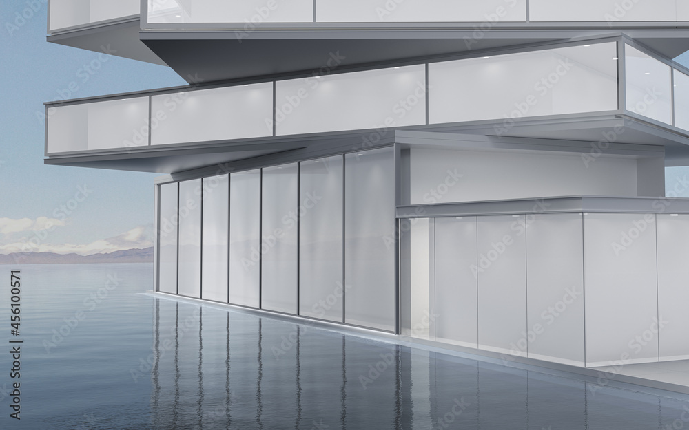 The modern concept architecture on the water, 3d rendering.