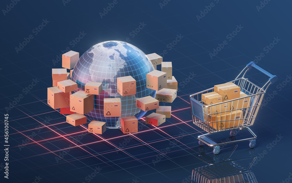 Shopping cart and commodity logistics, 3d rendering.