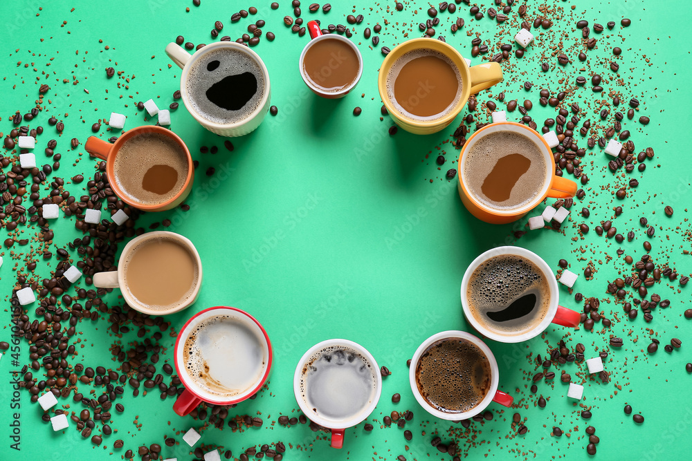 Frame made of cups with tasty coffee on color background