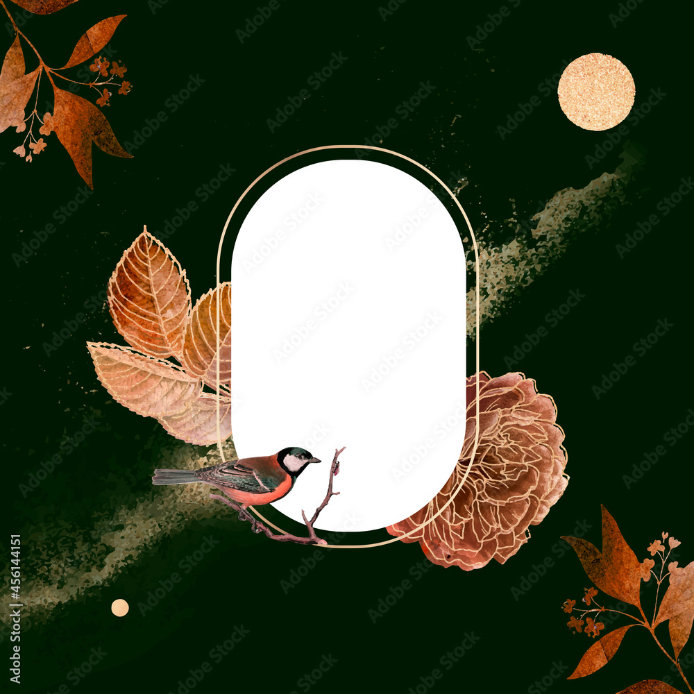 Blank golden floral frame with a bird vector