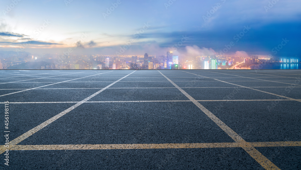 Road and city buildings background