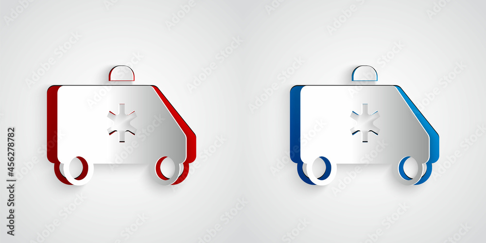 Paper cut Ambulance and emergency car icon isolated on grey background. Ambulance vehicle medical ev