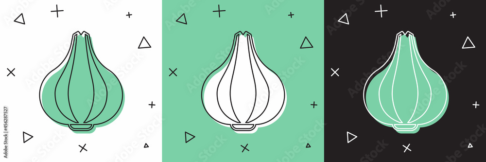 Set Garlic icon isolated on white and green, black background. Vector