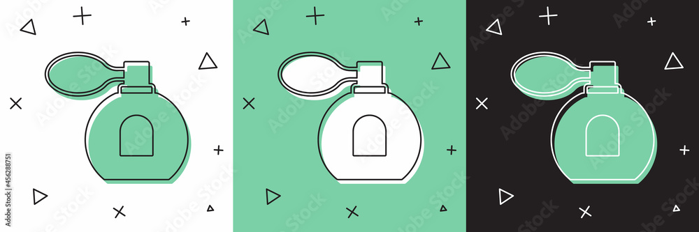 Set Perfume icon isolated on white and green, black background. Vector