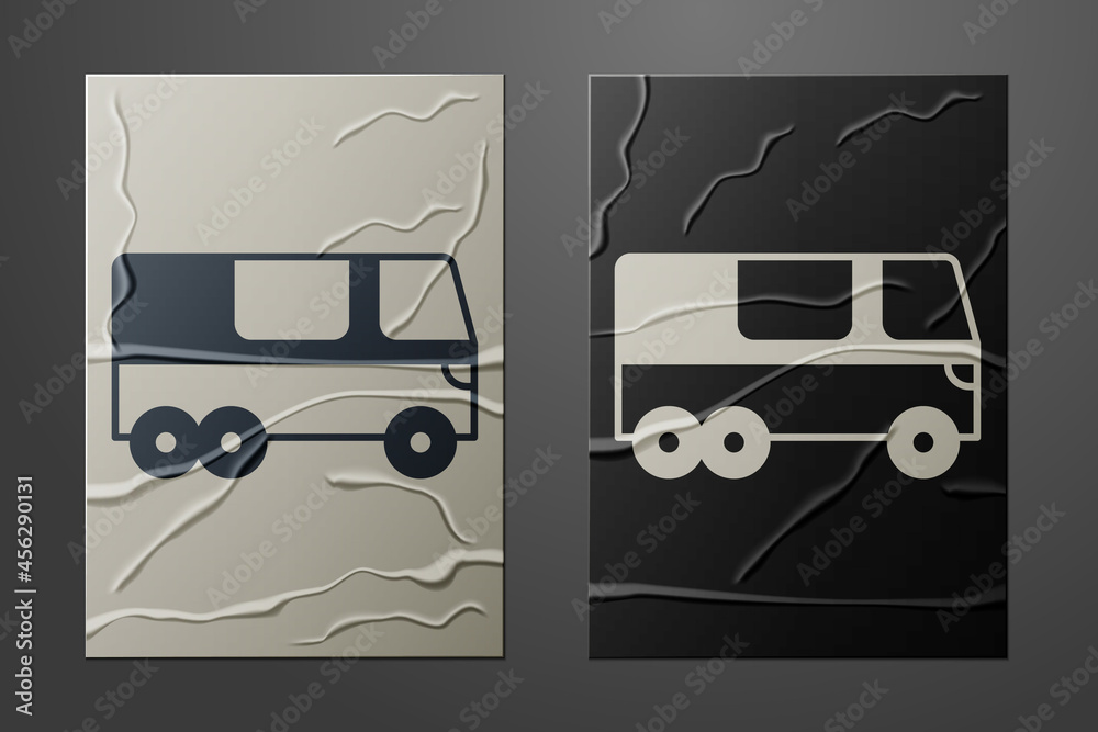 White Bus icon isolated on crumpled paper background. Transportation concept. Bus tour transport. To