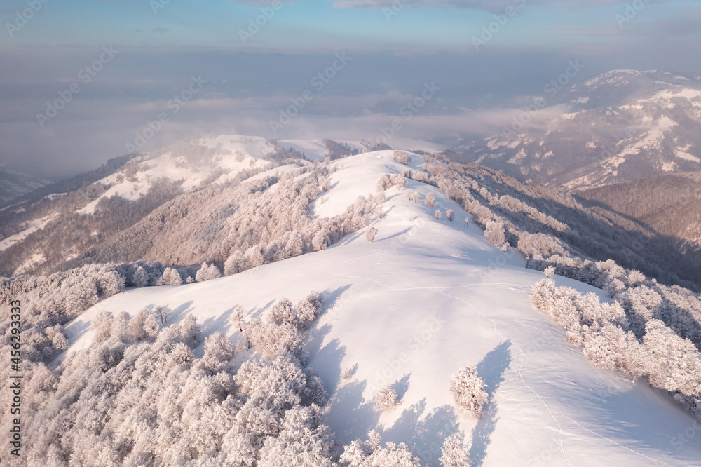 Amazing aerial view of mountains range, meadows and snow-capped peaks in winter time. Forest with fr