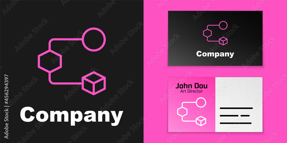 Pink line Isometric cube icon isolated on black background. Geometric cubes solid icon. 3D square si