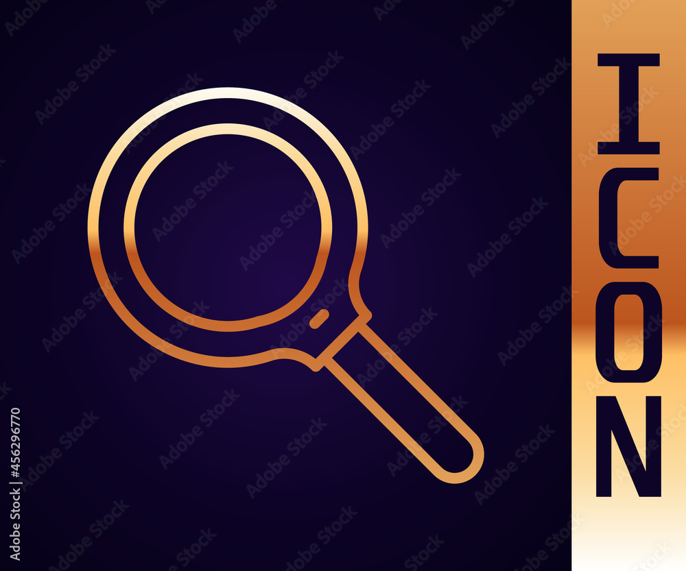 Gold line Magnifying glass icon isolated on black background. Search, focus, zoom, business symbol. 