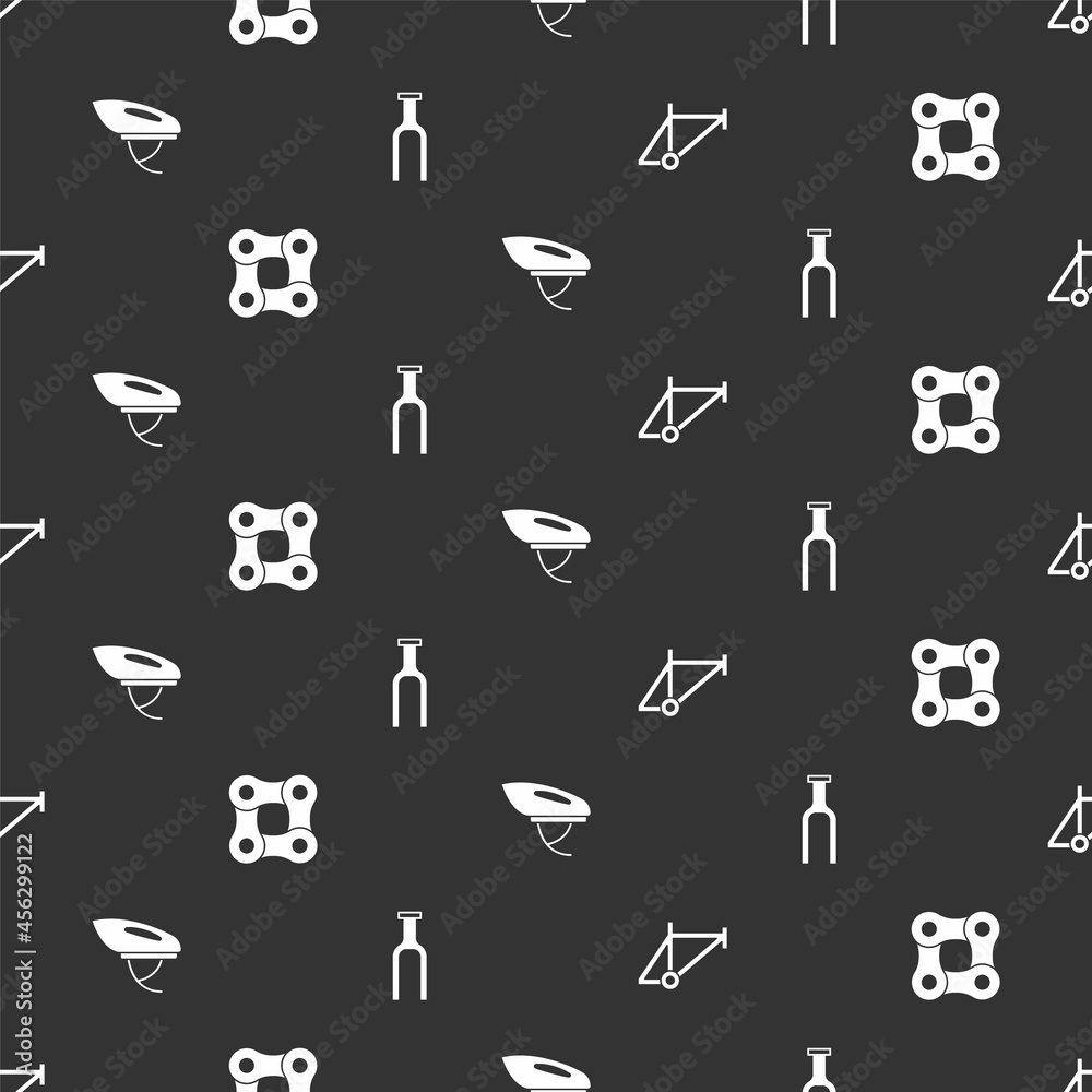 Set Bicycle frame, chain, helmet and fork on seamless pattern. Vector