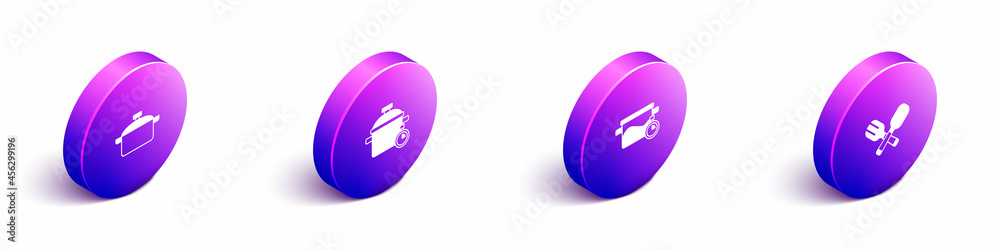 Set Isometric Cooking pot, , and Crossed fork and spoon icon. Vector