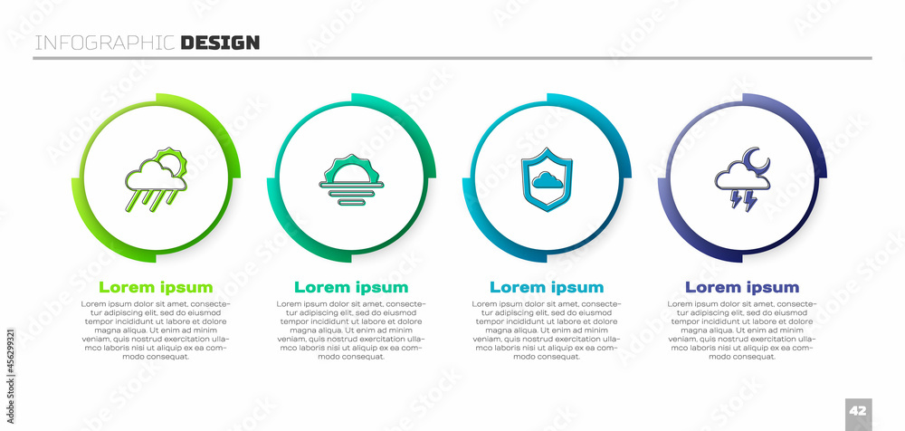 Set Cloud with rain and sun, Sunrise, Weather forecast and Storm. Business infographic template. Vec