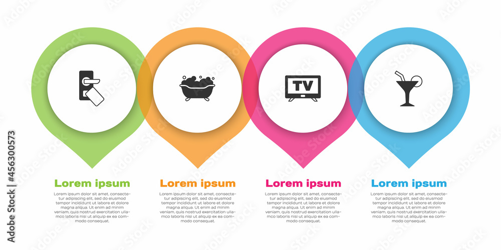 设置数字门锁、浴缸、智能电视和鸡尾酒。商业信息图模板。矢量