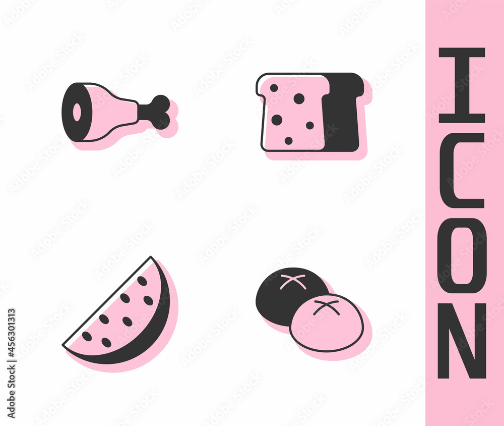 Set Bread loaf, Chicken leg, Watermelon and toast icon. Vector