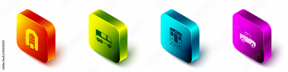 Set Isometric Rafting boat, Bus, Train and railway and Pickup truck icon. Vector