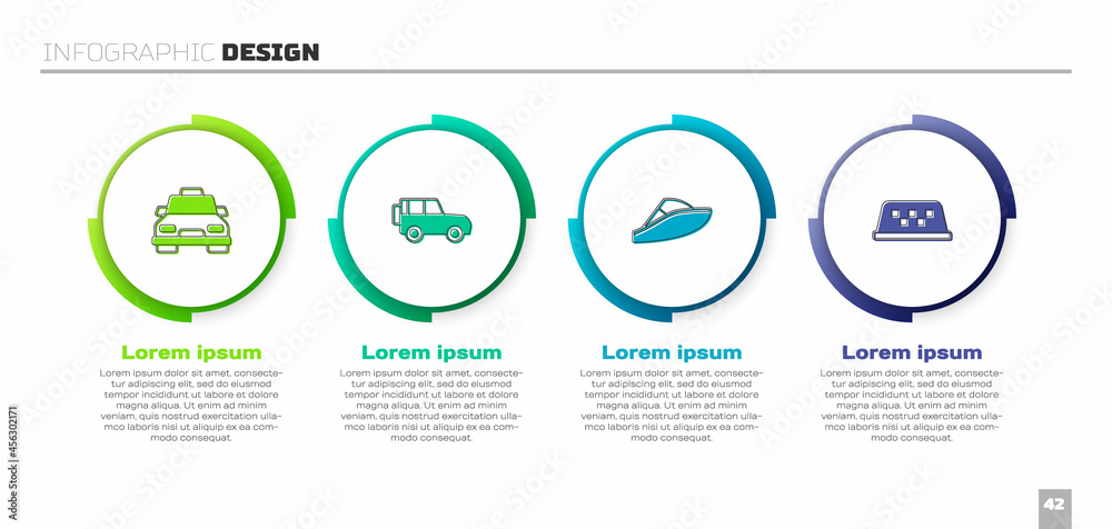 设置出租车、越野车、快艇和车顶。商业信息图模板。矢量