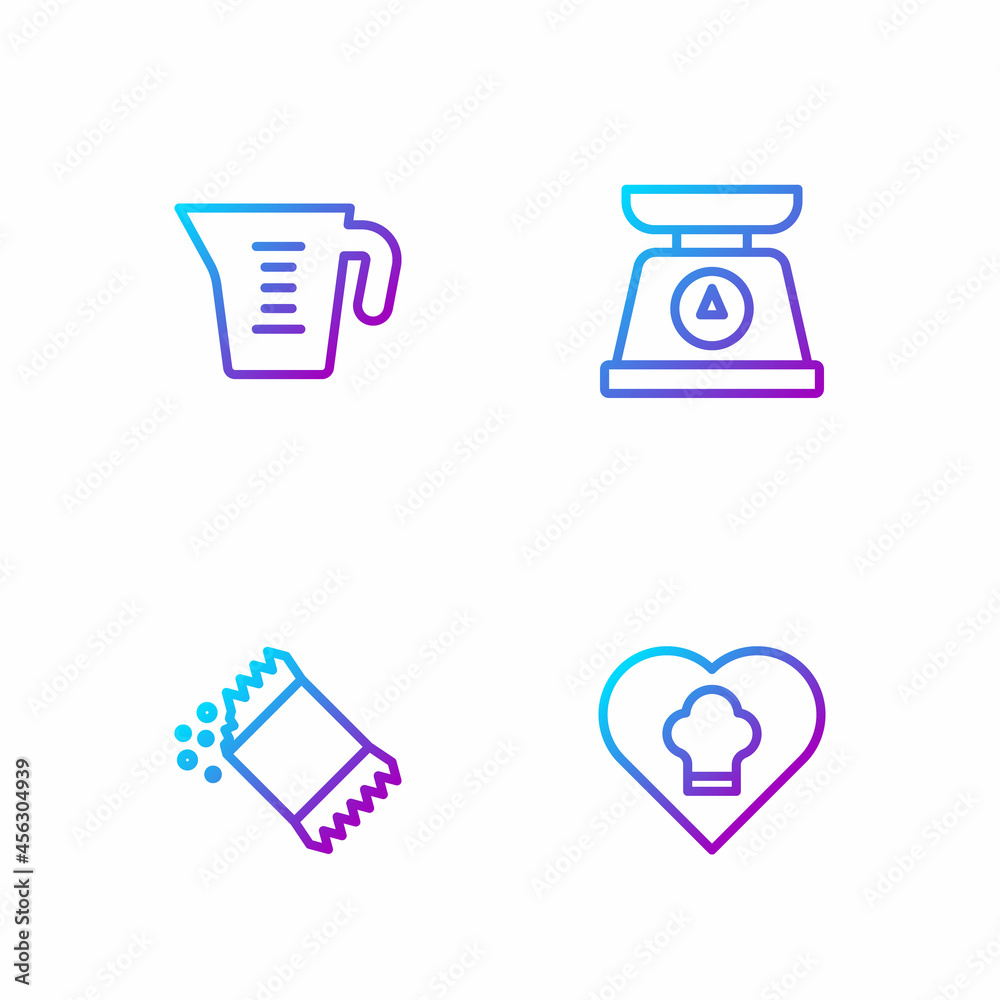 Set line Chef hat, Packet of pepper, Measuring cup and Scales. Gradient color icons. Vector