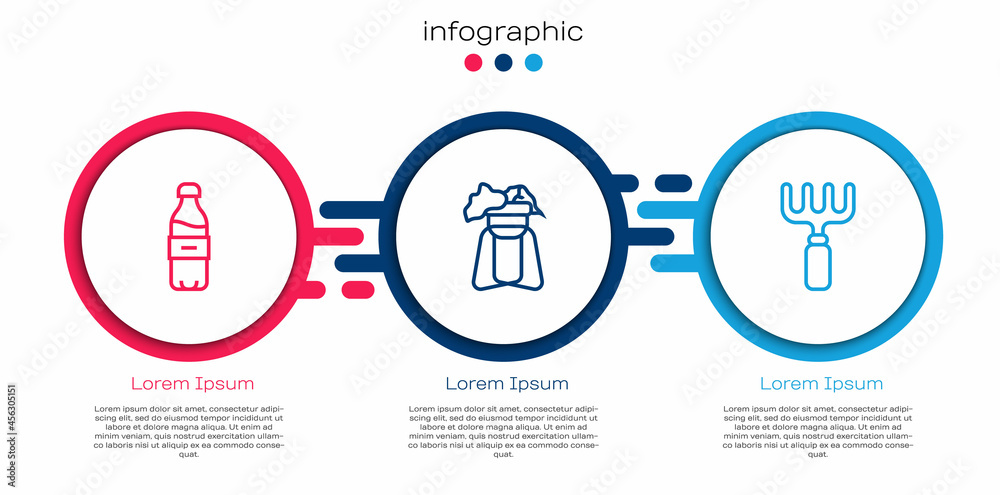 设线水瓶、支架上的植物和花园耙子。商业信息图模板。矢量