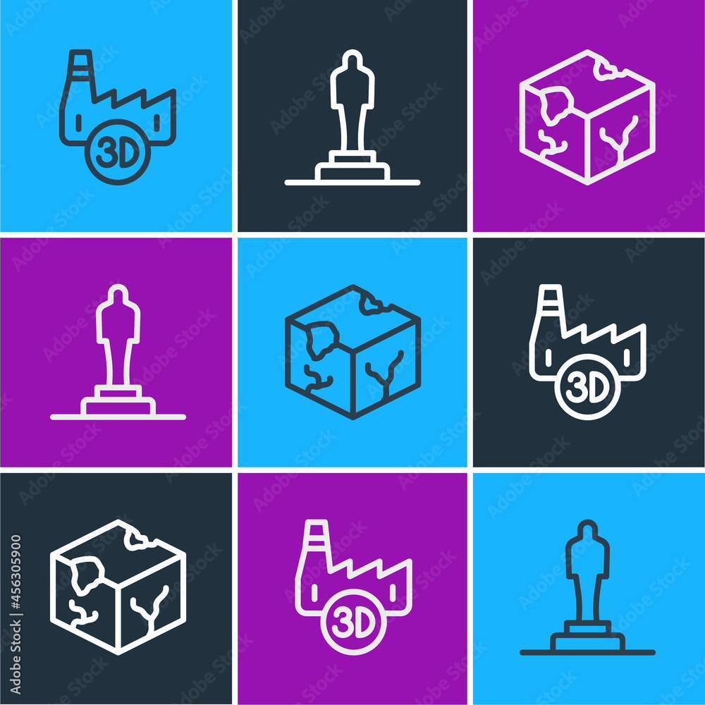 Set line Printing house industry, Isometric cube and 3D printer model icon. Vector